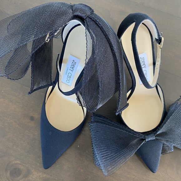Jimmy Choo Averly Black Heels Asymmetric Fascinator Bows - Picture 2 of 16